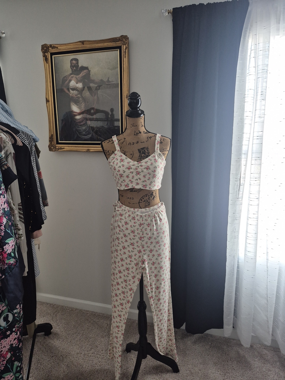Floral Print Cream Lounge Pants & Crop Top Set